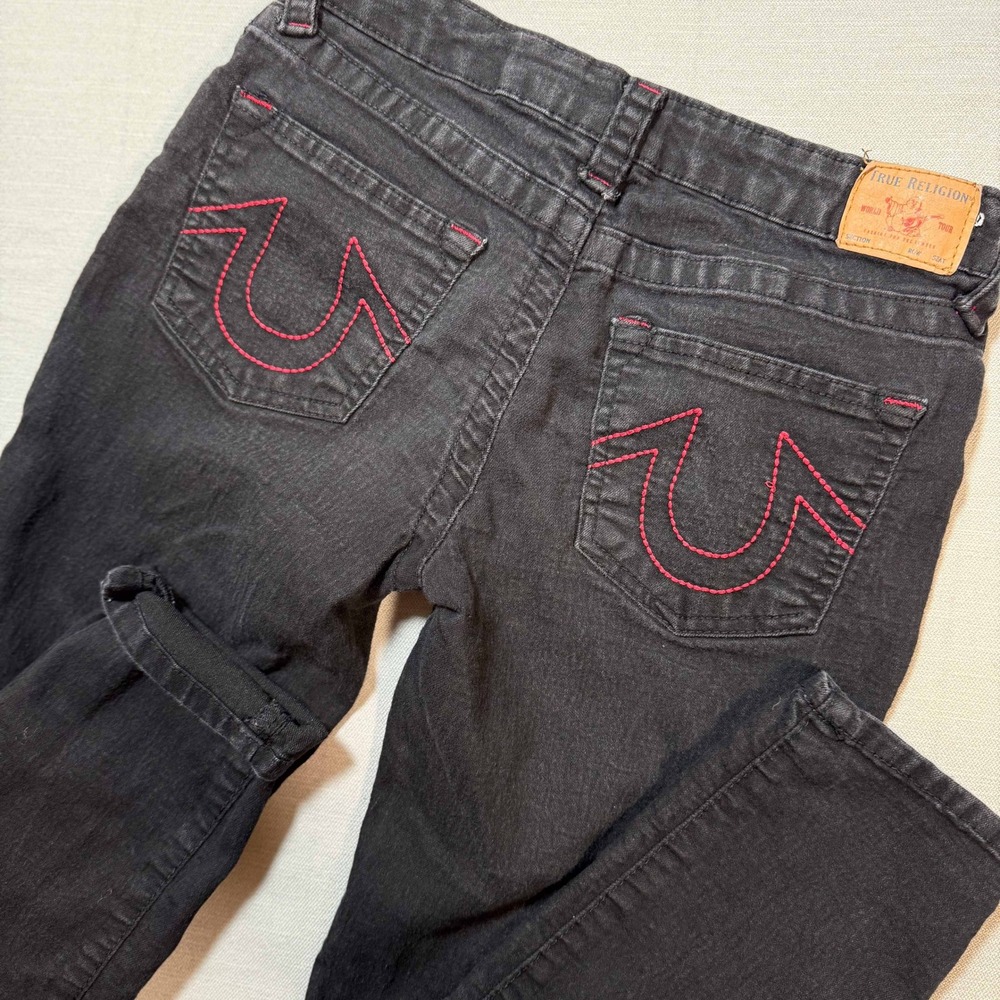 True Religion Womens Black Jeans Red Horseshoe Stitch Size 27 GENO Relaxed Slim